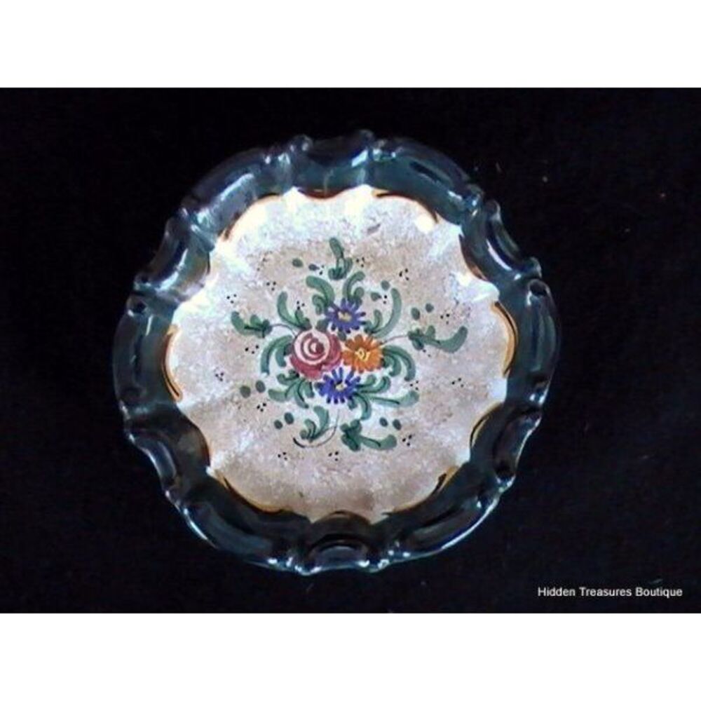 Italian Tuscan Hand Painted Art Pottery Home Decor Candy Dish Cream/Green Floral
